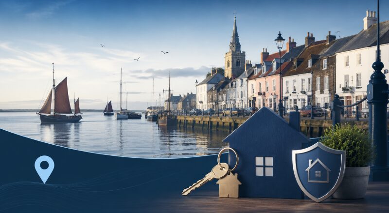 Mortgage Broker in Maldon represented by Maldon’s historic waterfront, traditional sailing barges, local homes, a house key and a protection shield.