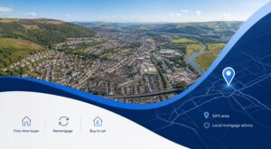 Aerial view of Neath, Wales, with local streets and surrounding green hills, branded blue map graphics and location pin for Mortgage Broker in Neath.