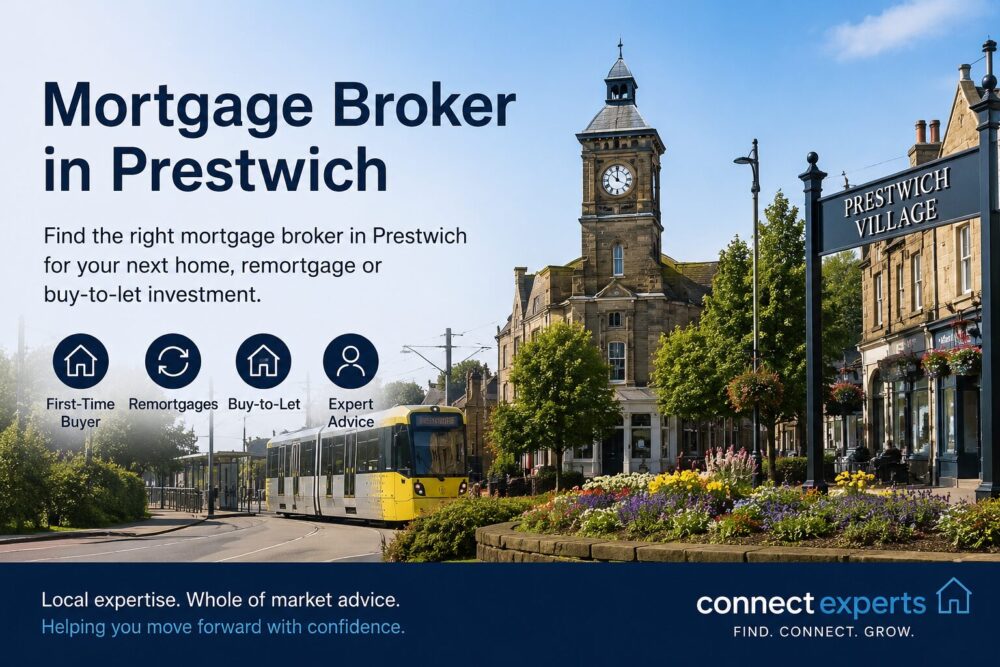 Mortgage Broker in Prestwich hero image showing Prestwich Village, Metrolink tram and mortgage service icons for first-time buyers, remortgages, buy-to-let and expert advice.