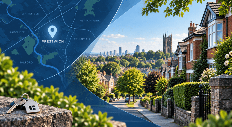 Mortgage Broker in Prestwich location map with residential homes and house keys