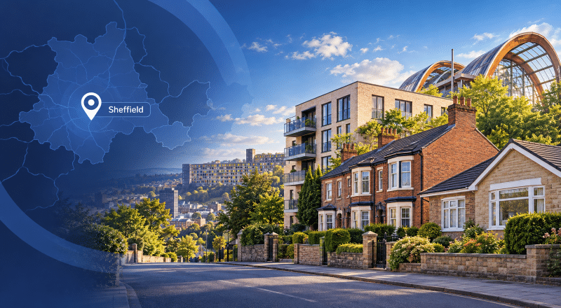 Mortgage Broker in Sheffield hero image showing a Sheffield street with varied homes, a local landmark, and a location pin over a map in branded blue tones.