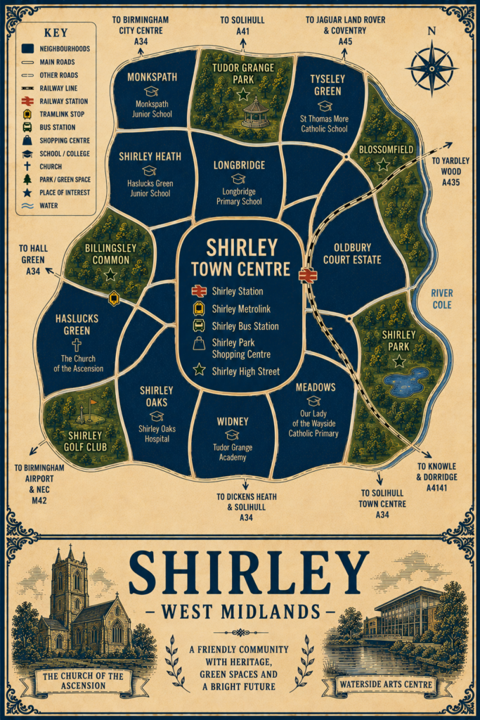 Mortgage Broker in Shirley Vintage illustrated map poster of Shirley, West Midlands, with a cream parchment background and dark navy neighbourhood areas centred on Shirley Town Centre. The map shows labelled roads, railway line, Shirley Station, Shirley Metrolink, Shirley Bus Station, shopping centre, schools, churches, parks, green spaces, water features and the River Cole. Surrounding areas include Monkspath, Shirley Heath, Longbridge, Tyseley Green, Blossomfield, Oldbury Court Estate, Meadows, Widney, Shirley Oaks, Haslucks Green and Billingsley Common. Key landmarks include Shirley Park Shopping Centre, Shirley High Street, The Church of the Ascension, Tudor Grange Park, Billingsley Common, Shirley Golf Club, Shirley Park, Tudor Grange Academy, Shirley Oaks Hospital and nearby schools. A decorative lower panel reads “SHIRLEY, WEST MIDLANDS” with engraved-style illustrations of The Church of the Ascension and Waterside Arts Centre, plus the subtitle “A friendly community with heritage, green spaces and a bright future.”