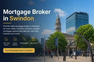 Hero banner for Mortgage Broker in Swindon, showing a bright town-centre scene with a canal, clock tower and modern buildings, alongside text promoting help for first-time buyers, home movers, remortgages, buy-to-let and specialist mortgages.