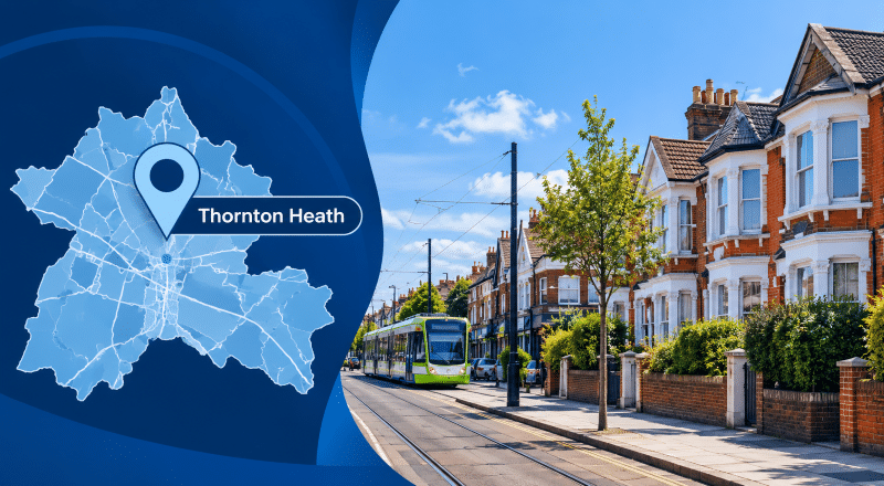 Mortgage Broker in Thornton Heath hero image showing a local map pin, Thornton Heath label, and a street scene with period homes and a tram in branded blue tones.