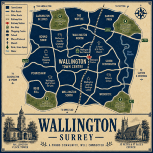 Mortgage Broker in Wallington Vintage illustrated map poster of Wallington, Surrey, with a cream parchment background and dark navy neighbourhood areas centred on Wallington Town Centre. The map shows labelled roads, railway line, Wallington Station, Wallington Bus Station, schools, churches, parks, green spaces and the River Wandle. Surrounding areas include Carshalton Beeches, The Wrythe, Bandon Park, Wallington North, South Beddington, Woodcote, Wallington South, Rose Hill, Poundshaw and Roundshaw. Key landmarks include The Square Shopping Centre, Wallington County Grammar School, Wallington High School for Girls, Wilson’s School, St Peter & St Paul’s Church, Wallington Library and Heritage Centre, Beddington Park, Bandon Hill Recreation Ground and Woodcote Recreation Ground. A decorative lower panel reads “WALLINGTON, SURREY” with engraved-style illustrations of Wallington Clock Tower and St Peter & St Paul’s Church, plus the subtitle “A proud community, well connected.”
