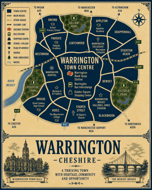 Mortgage Broker in Warrington Vintage illustrated map poster of Warrington, Cheshire, with a cream parchment background and dark navy neighbourhood areas centred on Warrington Town Centre. The map shows labelled roads, railway line, Warrington Bank Quay Station, Warrington Bus Interchange, shopping areas, schools, churches, parks, green spaces and the River Mersey. Surrounding areas include Orford, Padgate, Westbrook, Bruche, Hoole, Church Street, Blackbrook, Bewsey, Stockton Heath, Grappenhall, Appleton and Latchford. Key landmarks include Warrington Town Hall, Golden Square Shopping Centre, Museum and Art Gallery, Warrington Hospital, St Elphin’s Church, Warrington Wolves Halliwell Jones Stadium, Dallam Park, Riverside Park and Victoria Park. A decorative lower panel reads “WARRINGTON, CHESHIRE” with engraved-style illustrations of Warrington Town Hall and the Mersey Bridge, plus the subtitle “A thriving town with heritage, community and opportunity.”