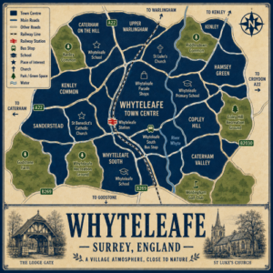 Mortgage Broker in Whyteleafe Vintage illustrated map poster of Whyteleafe, Surrey, with a cream parchment background and dark navy neighbourhood areas centred on Whyteleafe Town Centre. The map shows labelled roads, railway line, Whyteleafe Station, bus stop, schools, churches, parks, green spaces and the River Whyte. Surrounding areas include Caterham on the Hill, Upper Warlingham, Kenley, Hamsey Green, Copley Hill, Caterham Valley, Whyteleafe South, Sanderstead and Kenley Common. Key landmarks include Whyteleafe Parade Shops, Whyteleafe Primary School, St Luke’s Church, St Benedict’s Catholic Church, Whyteleafe School, Riddlesdown Common, Kenley Common, Whyteleafe Recreation Ground, Coley Hill Recreation Ground and Woldingham Golf Club. A decorative lower panel reads “WHYTELEAFE, SURREY, ENGLAND” with engraved-style illustrations of The Lodge Gate and St Luke’s Church, plus the subtitle “A village atmosphere, close to nature.”