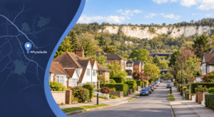Mortgage Broker in Whyteleafe, Surrey, with local residential properties, map and location marker.