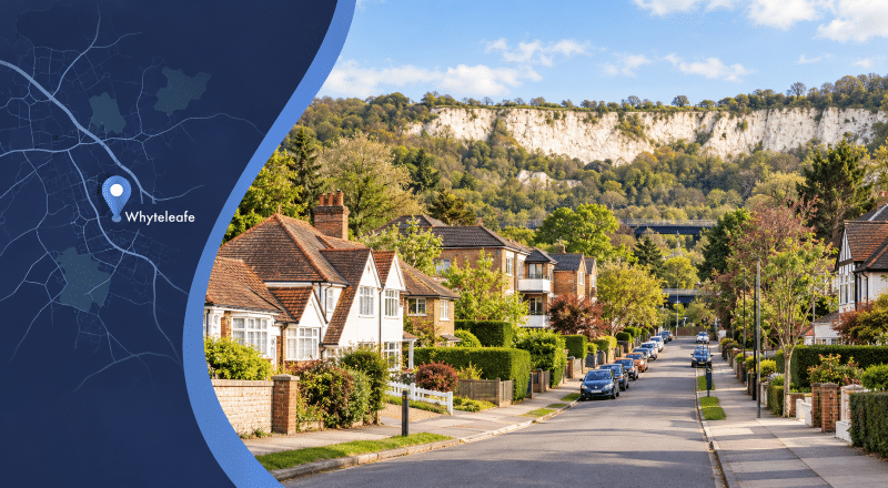 Mortgage Broker in Whyteleafe, Surrey, with local residential properties, map and location marker.