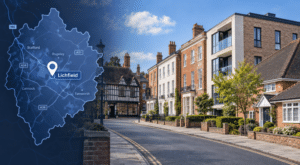 Mortgage Brokers in Lichfield hero image featuring a Staffordshire location map with Lichfield highlighted alongside a mixed local residential streetscape.