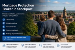 Mortgage Protection Broker in Stockport hero image showing a family overlooking the Stockport skyline, with icons for life insurance, critical illness cover, income protection and mortgage payment protection.