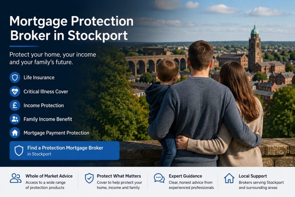 Mortgage Protection Broker in Stockport hero image showing a family overlooking the Stockport skyline, with icons for life insurance, critical illness cover, income protection and mortgage payment protection.