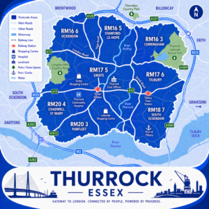 Protection Adviser in Thurrock A square, blue-themed postcode map of Thurrock in Essex, styled with curved branded borders. The map highlights postcode areas including RM16, RM17, RM18, RM20, and RM15. Major roads such as the M25, A13, A127, A128, and A1089 are labelled. Key towns including Grays, Tilbury, Stanford-le-Hope, Corringham, Purfleet, and South Ockendon are marked. Grays town centre is shown near the middle with Grays Station indicated. Landmarks such as Lakeside Shopping Centre, Thurrock Community Hospital, and the Port of Tilbury are included. Green spaces including Langdon Hills Country Park and Thurrock Thameside Nature Park are shown in green, with the River Thames running along the southern edge. The design uses layered blue tones with white text and clean boundary lines for clarity.