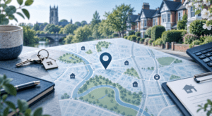 Mortgage Broker in Didsbury location map with house icons, keys and Greater Manchester residential properties.