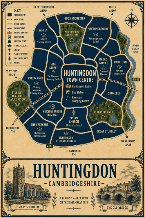 Mortgage Broker in Huntingdon Vintage illustrated map poster of Huntingdon, Cambridgeshire, with a cream parchment background and dark navy neighbourhood areas centred on Huntingdon Town Centre. The map shows labelled roads, railway line, Huntingdon Station, bus station, shopping centres, schools, churches, parks, green spaces and the River Great Ouse. Surrounding areas include Godmanchester, Sapley, Hinchingbrooke, Hartford, Stukeley, Great Stukeley, The Crescent, Priory Park and Broad Street. Key landmarks include The Chequers Shopping Centre, Riverside Shopping Centre, Cromwell Museum, Hinchingbrooke Hospital, Huntingdon Regional College, Priory Church, St Mary’s Church, Hinchingbrooke Country Park, Stukeley Meadows Nature Reserve and Riverside Park. A decorative lower panel reads “HUNTINGDON, CAMBRIDGESHIRE” with engraved-style illustrations of St Mary’s Church and The Old Bridge, plus the subtitle “A historic market town on the River Great Ouse.”