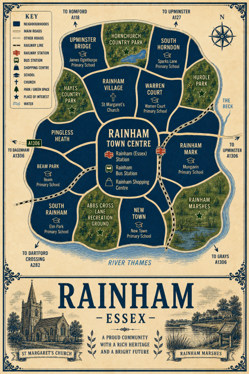 Mortgage Broker in Rainham Vintage illustrated map poster of Rainham, Essex, with a cream parchment background and dark navy neighbourhood areas centred on Rainham Town Centre. The map shows labelled roads, railway lines, Rainham (Essex) Station, Rainham Bus Station, shopping centre, schools, churches, parks, green spaces, waterways and the River Thames. Surrounding areas include Rainham Village, Warren Court, Rainham Mark, New Town, South Rainham, Beam Park, Pingless Heath, Upminster Bridge and South Horndon. Key landmarks include St Margaret’s Church, Rainham Marshes, Hornchurch Country Park, Hayes Country Park, Hurdle Park, Abbs Cross Lane Recreation Ground and Rainham Shopping Centre. A decorative lower panel reads “RAINHAM, ESSEX” with engraved-style illustrations of St Margaret’s Church and Rainham Marshes, plus the subtitle “A proud community with a rich heritage and a bright future.”