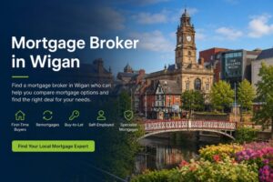 Mortgage Broker in Wigan hero image showing Wigan town centre, local property icons and a call to find a mortgage expert.