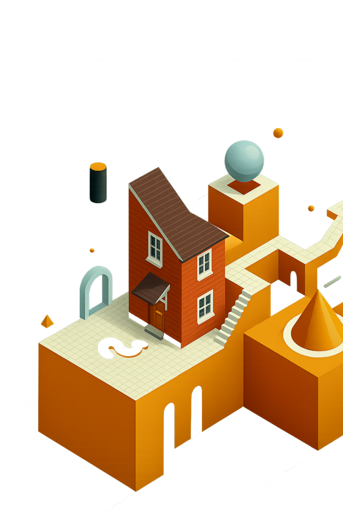 Isometric illustration of a small red house on a geometric orange platform with stairs, arches, floating shapes, and surreal architectural elements. Hallett Financial Solutions