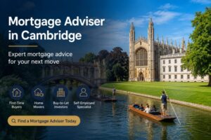 Mortgage adviser in Cambridge hero image showing Cambridge riverside scenery with icons for first-time buyers, home movers, buy-to-let investors and self-employed mortgage clients.