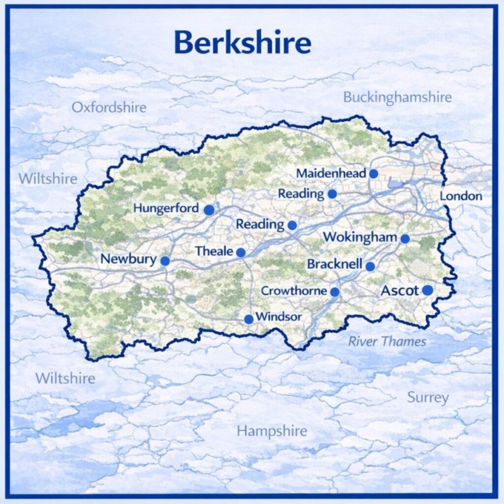 Map of Berkshire in England with mortgage brokers in their respective locations
