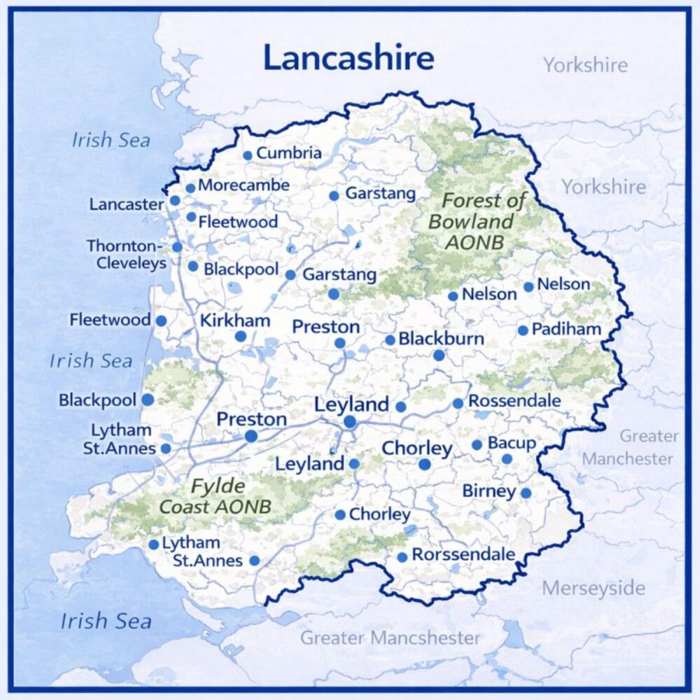 Map of Lancashire in the UK with mortgage brokers in their respective location