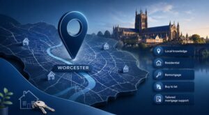 Mortgage Broker in Worcester location map featuring property icons, Worcester Cathedral, and mortgage support services.