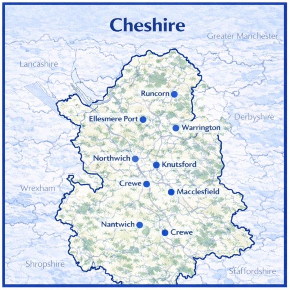 Map of Cheshire in the UK with mortgage brokers in their respective location
