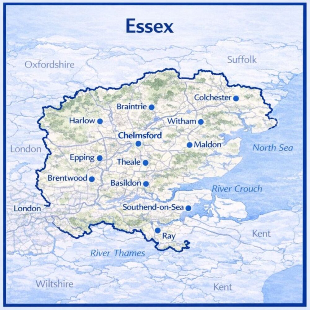 Map of Essex in England with mortgage brokers in their respective locations
