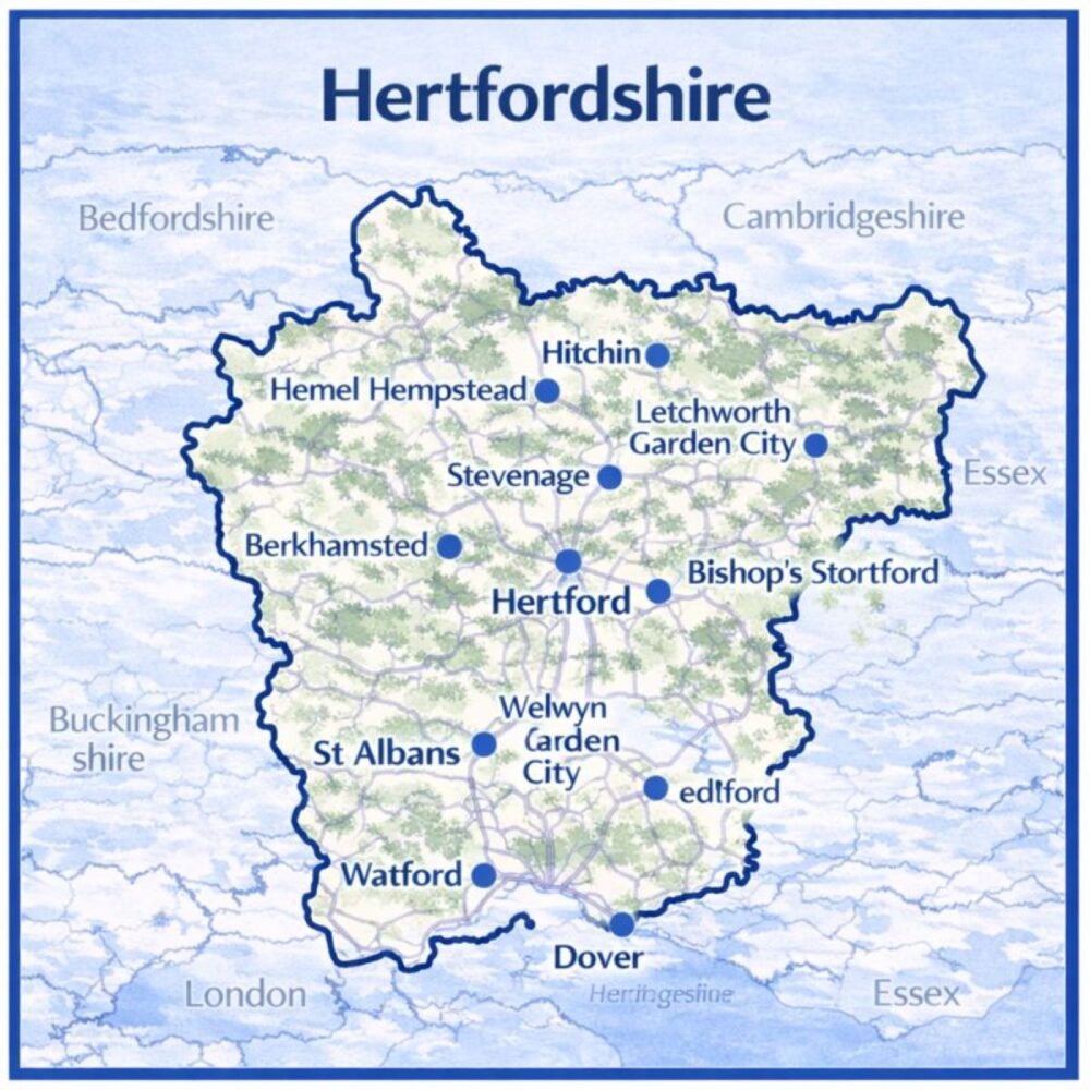 Map of Hertfordshire in the UK with mortgage brokers in their respective locations