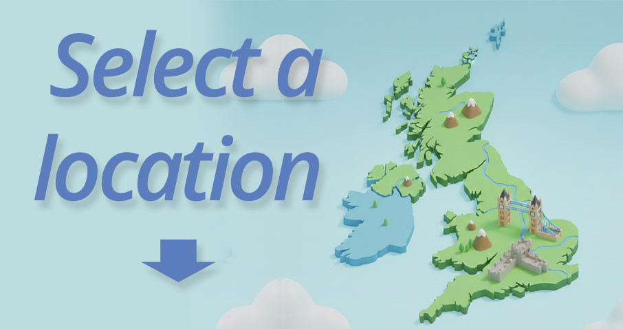 graphic showing the text “Select a location” with a downward arrow, alongside a simplified map of the United Kingdom highlighting different regions.