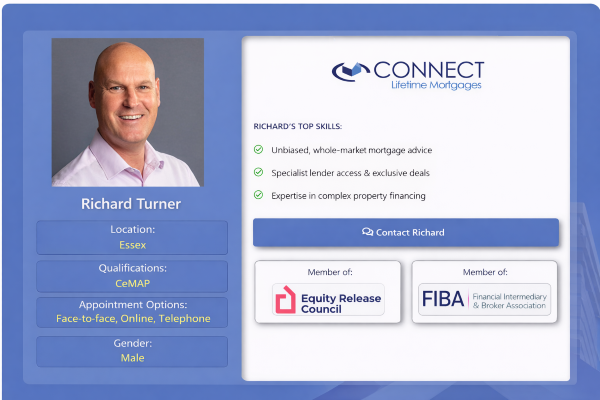 Professional profile card for Richard Turner, a mortgage adviser at Connect Lifetime Mortgages, featuring his headshot, location in Essex, CeMAP qualification, appointment options, a list of key mortgage skills, a contact button, and membership logos for the Equity Release Council and FIBA, displayed in a blue and white layout.