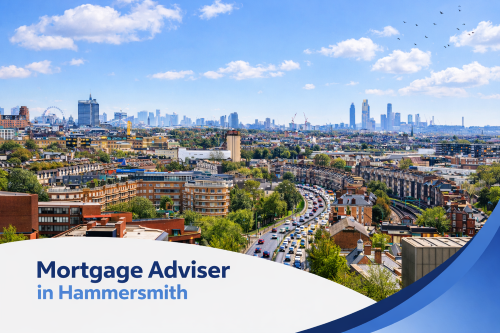 Bright summer view over Hammersmith, London, showing a clear blue sky, green trees, and a busy road leading towards the city skyline, with a white and blue curved banner at the bottom displaying the text “Mortgage Adviser in Hammersmith”.