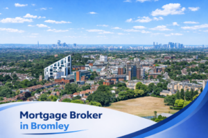 Bright summer aerial view of Bromley featuring residential houses, green open space and the town centre with London skyline in the distance under a clear blue sky, with a white and blue curved banner at the bottom displaying the text “Mortgage Broker in Bromley”.