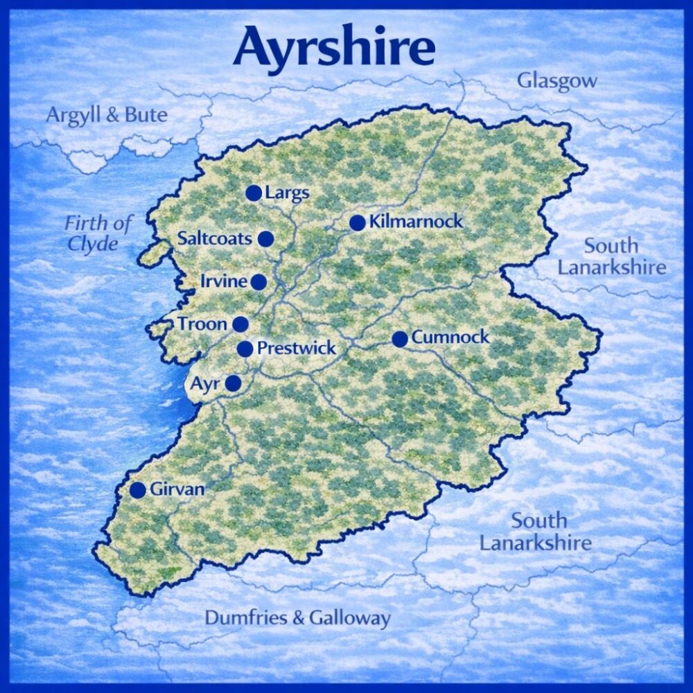 Map of Ayrshire the UK with mortgage brokers in their respective location