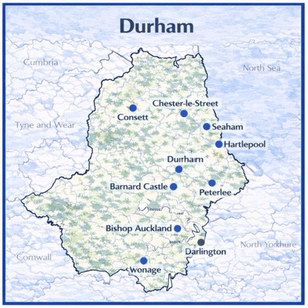 Map of Durham in the UK with mortgage brokers in their respective location
