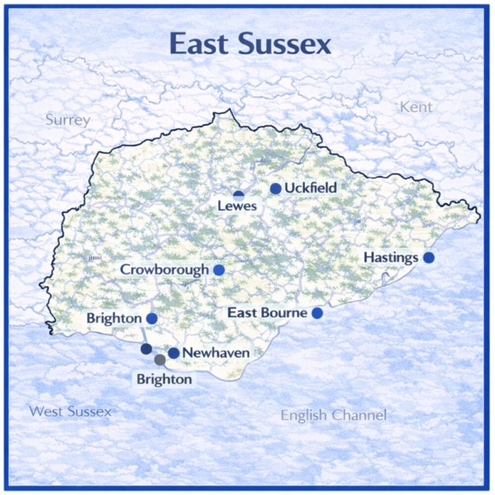 Map of East Sussex in the UK with mortgage brokers in their respective location