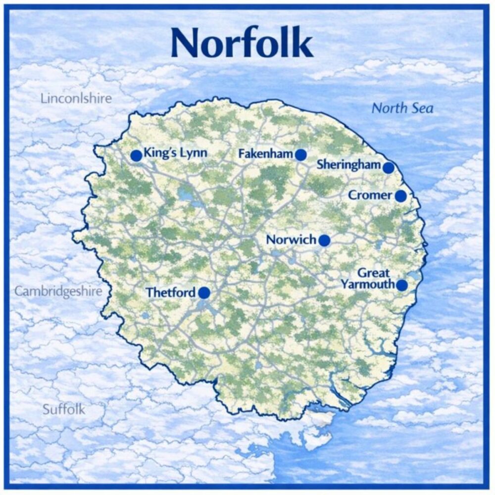 Map of Norfolk in the UK with mortgage brokers in their respective location