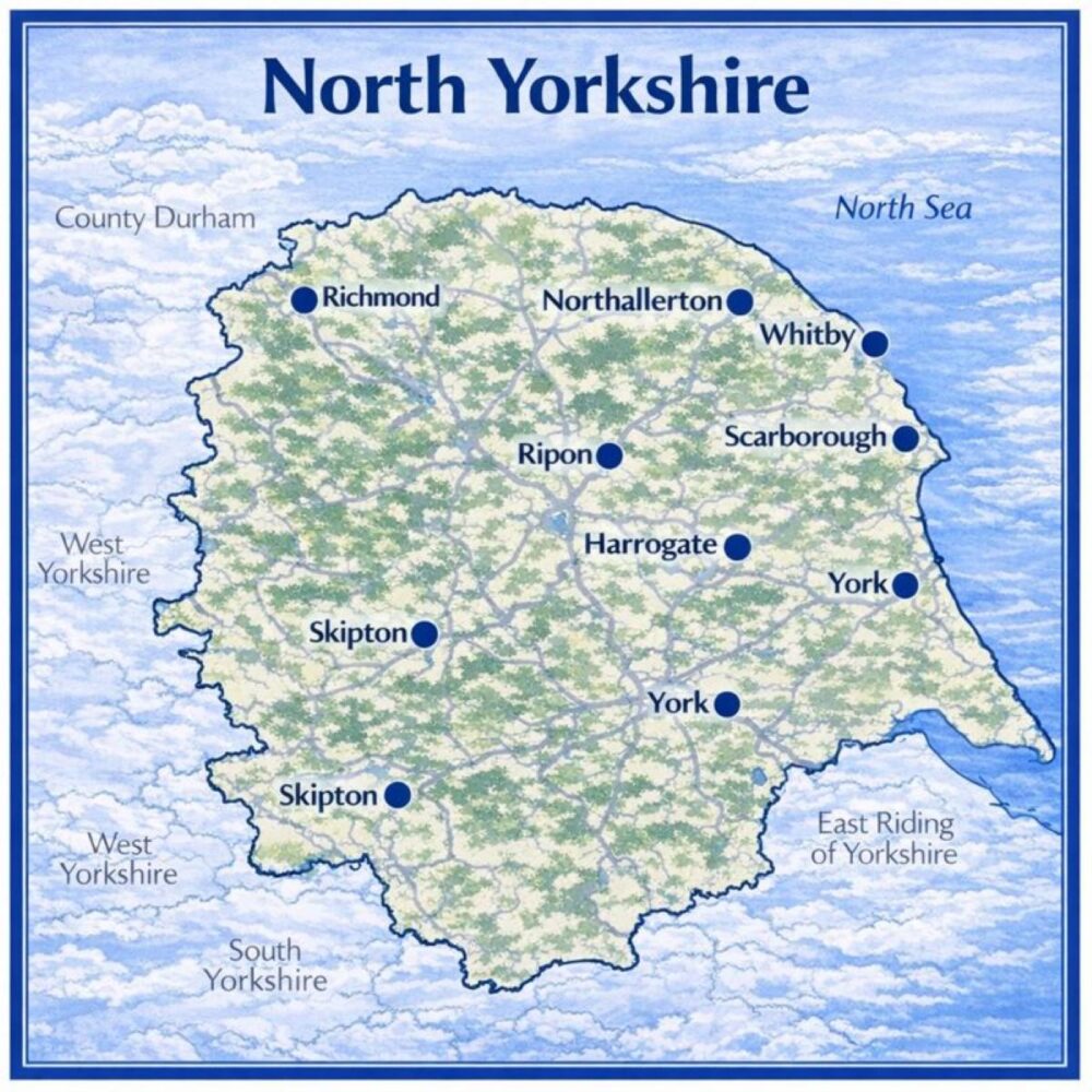 Map of North Yorkshire in the UK with mortgage brokers in their respective location
