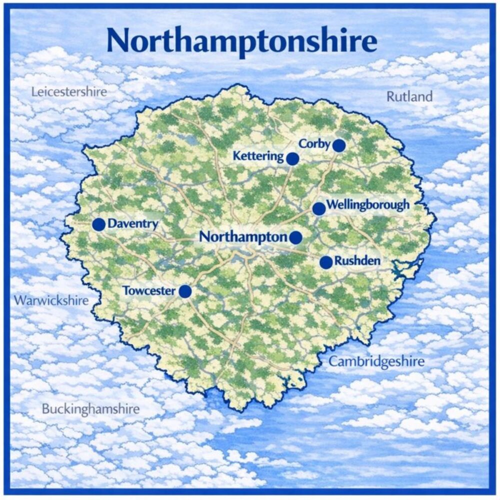 Map of Northampstonshire the UK with mortgage brokers in their respective location