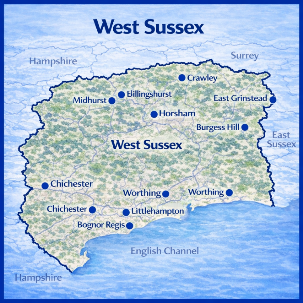 Map of West Sussex the UK with mortgage brokers in their respective location