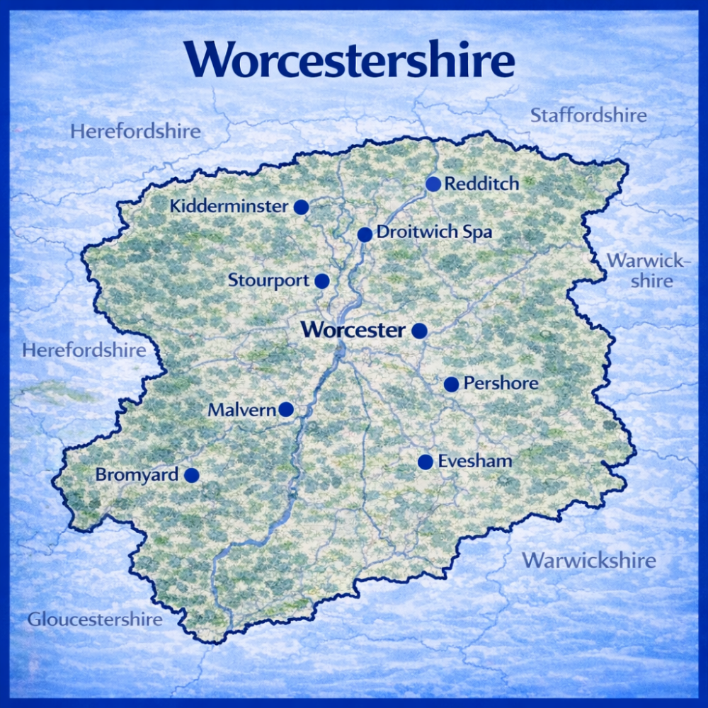Map of Worcestershire the UK with mortgage brokers in their respective location