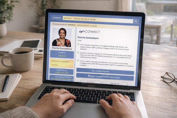 Person using a laptop at a desk, searching online for a Sinhala mortgage broker in Romford, with a broker profile displayed prominently on the screen showing photo, location, languages, qualifications, and contact options.