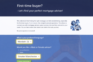High-resolution website banner promoting first-time buyer mortgage support, with highlighted text including “First-time buyer,” selected language set to “Mandarin,” and location set to “Greater Manchester,” displayed within a clean blue-themed interface for choosing a female mortgage broker.