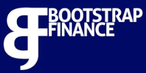 Bootstrap Finance logo in white text on a dark blue background with a stylised BF monogram to the left.