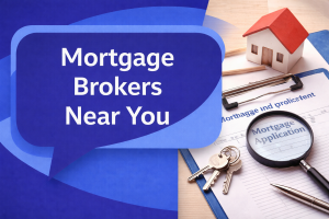 Mortgage brokers near you text with house model, keys, and mortgage application document.