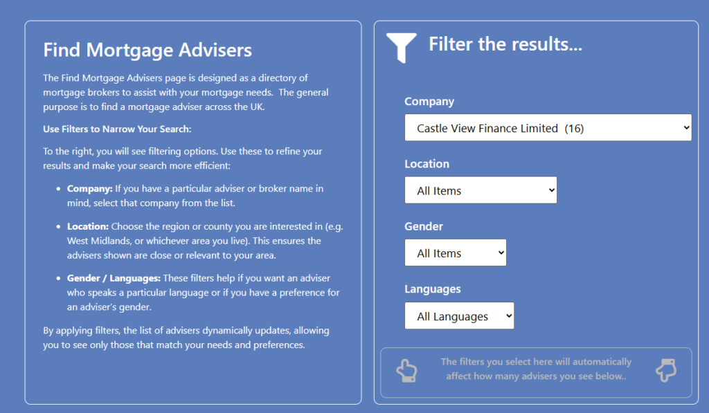 Castle View Finance Experts A webpage section titled “Find Mortgage Advisers” with explanatory text about using filters to search for mortgage brokers, alongside a panel on the right with filter options including company, location, gender, and languages, each shown as dropdown menus.