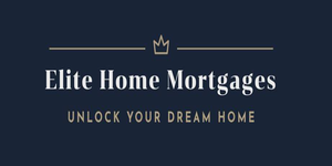 Logo for Elite Home Mortgages on a dark navy background, featuring a gold crown and horizontal lines above the company name in white serif text, with the tagline “Unlock Your Dream Home” in gold below.