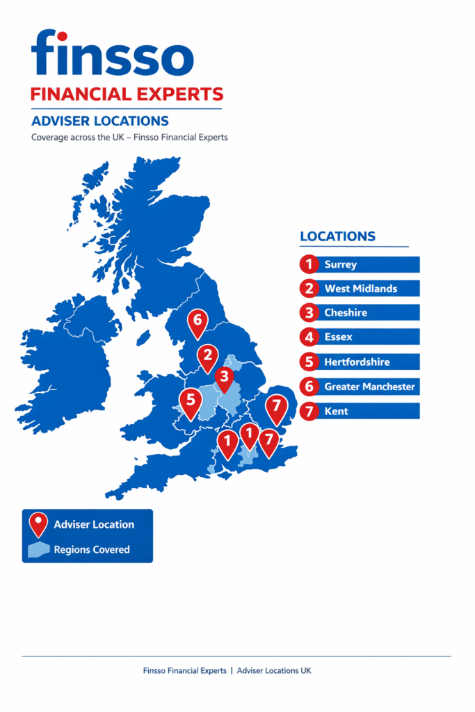 Finsso Financial Experts Branded adviser locations infographic for Finsso Financial Experts, showing a blue map of the UK with red numbered location pins and a matching locations list for Surrey, West Midlands, Cheshire, Essex, Hertfordshire, Greater Manchester, and Kent.