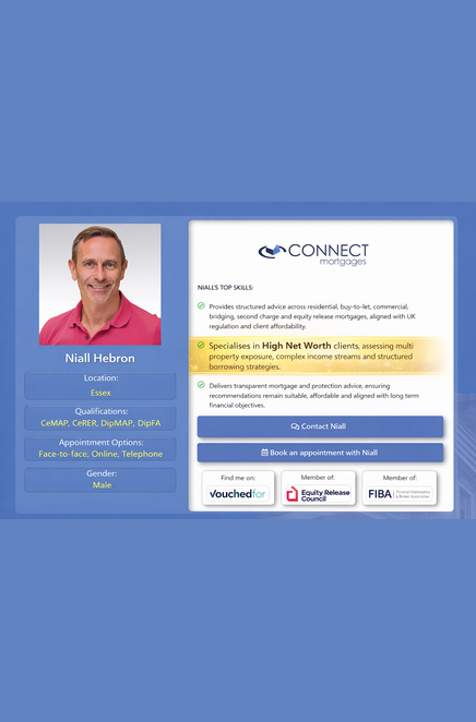 Blue promotional profile graphic for mortgage adviser Niall Hebron, featuring his headshot, Essex location, qualifications, appointment options, contact buttons, broker membership logos, and a gold-highlighted statement emphasising his high-net-worth client expertise.