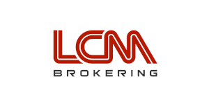 LCM Brokering logo on a light grey background, featuring bold stylised red letters “LCM” above the word “BROKERING” in spaced black capital letters.